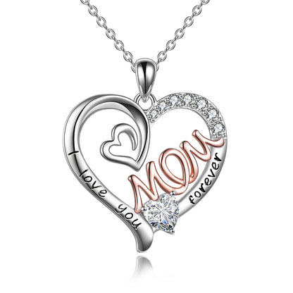 Mom Necklace S925 Sterling Silver Heart CZ Pink Stone Love Mum Pendant Birthstone Jewelry for Women Mother Gifts