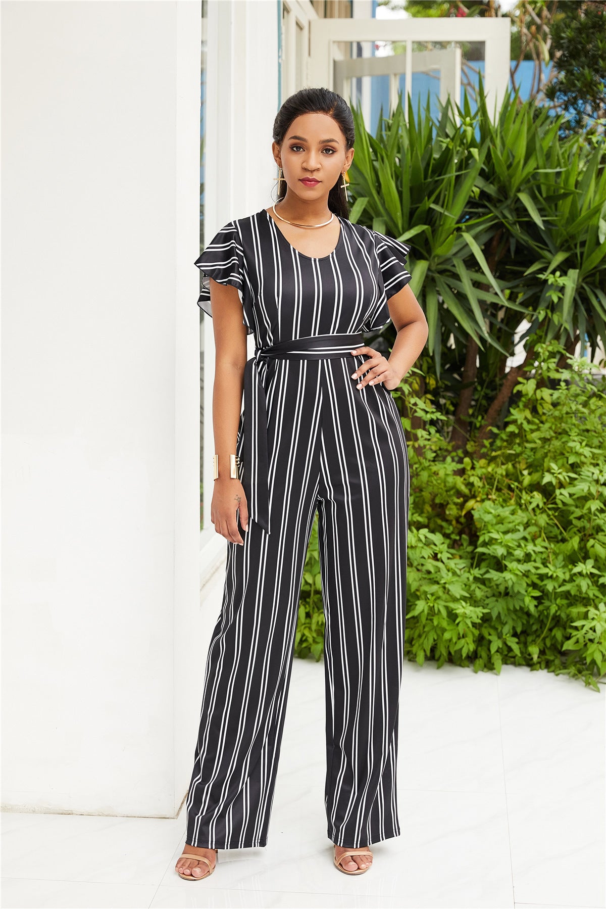 Two-color Fashion Women's Clothing With Black And White Stripe Printing