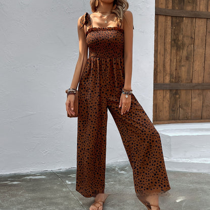 European And American Pocket Waist Slimming Polka Dot Brace Jumpsuit Printing