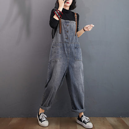 Women's Loose-washed Nine-point Denim Overalls