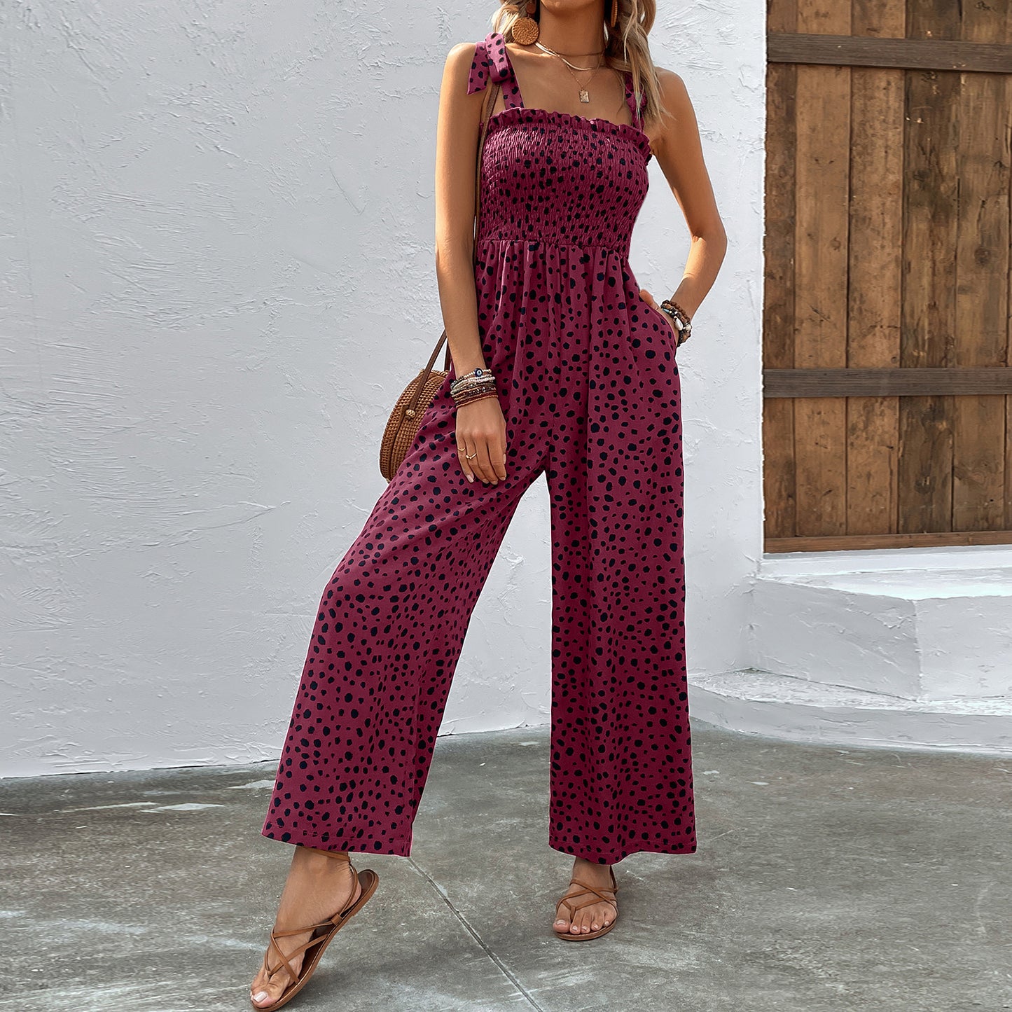 European And American Pocket Waist Slimming Polka Dot Brace Jumpsuit Printing