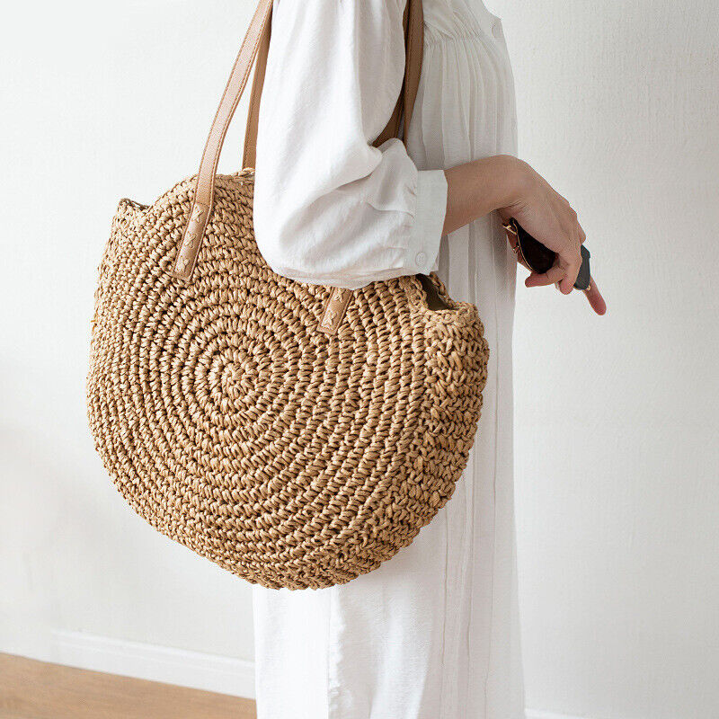 Women Boho Woven Handbag Summer Beach Tote Straw Bag Round Rattan Shoulder