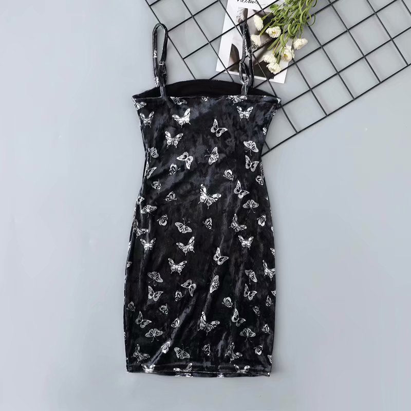 Sexy vintage retro velvet butterfly dress tight  black strap dress