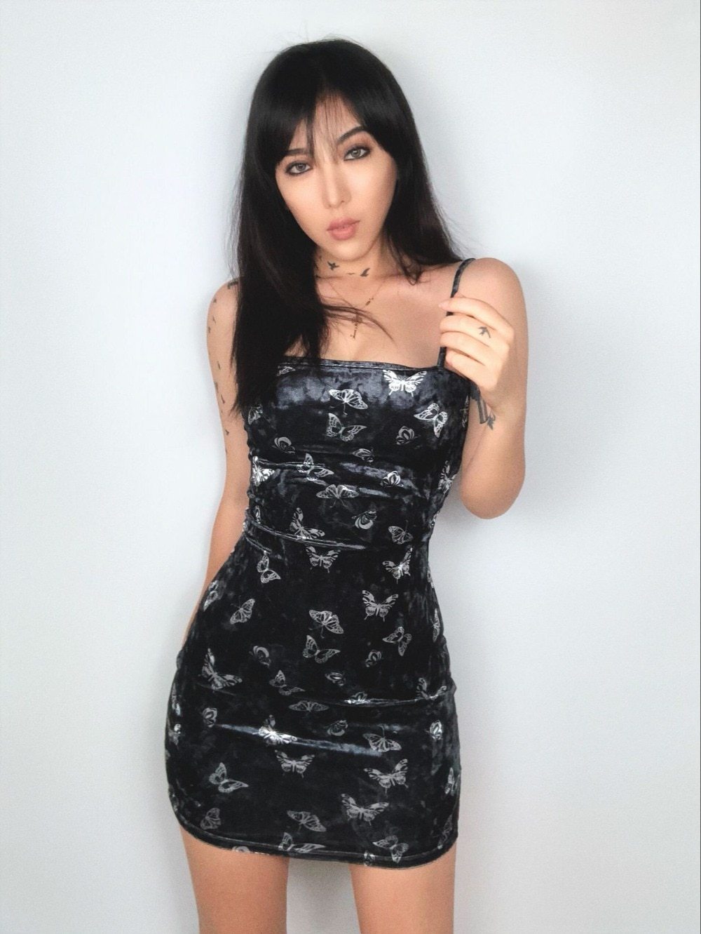 Sexy vintage retro velvet butterfly dress tight  black strap dress