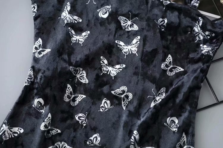 Sexy vintage retro velvet butterfly dress tight  black strap dress