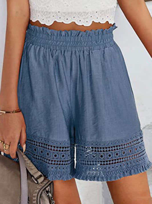 Ladies Casual Loose Solid Color Patchwork Elastic Waist Shorts