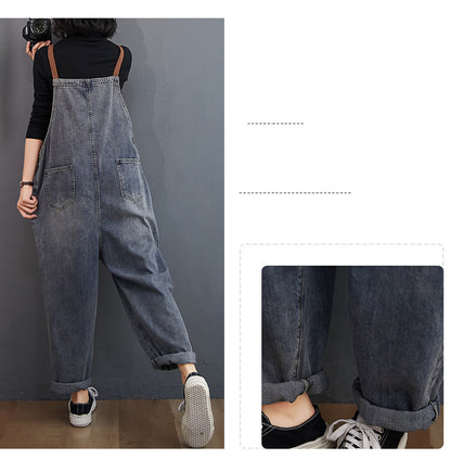 Women's Loose-washed Nine-point Denim Overalls