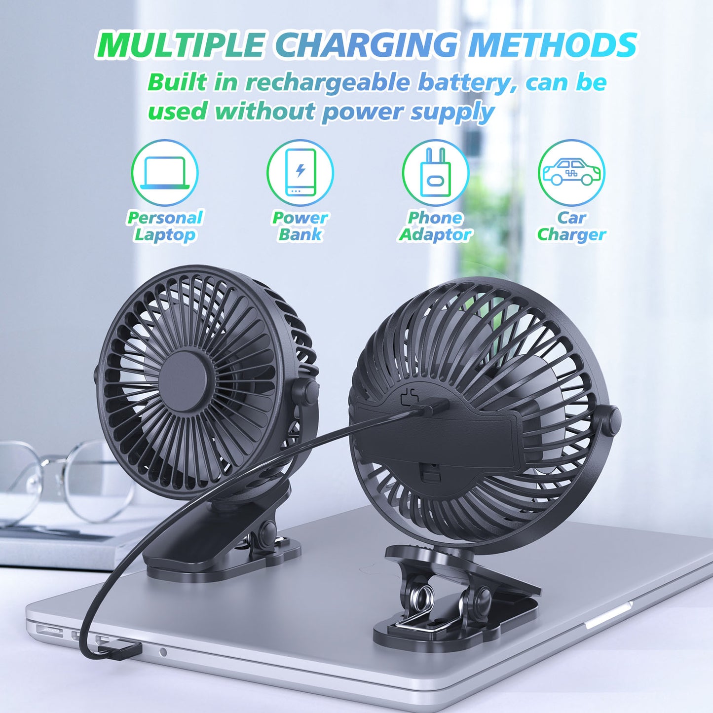 Portable Clip on Fan Battery Operated | Small Powerful USB Desk Fan | 3 Speed Quiet Rechargeable Mini Table Fan