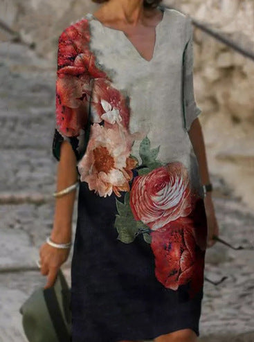 Flower Leaves Printing Rendering V-neck Dress