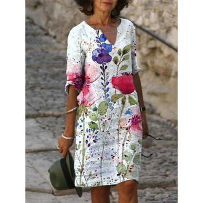 Flower Leaves Printing Rendering V-neck Dress