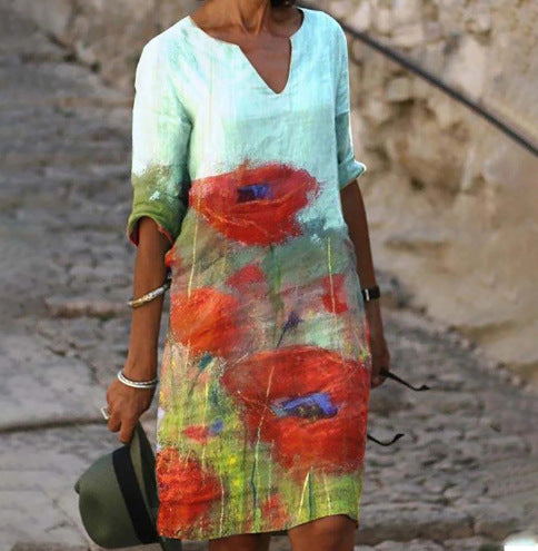 Flower Leaves Printing Rendering V-neck Dress