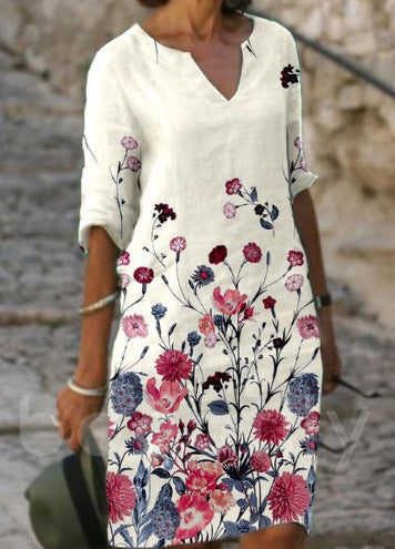 Flower Leaves Printing Rendering V-neck Dress