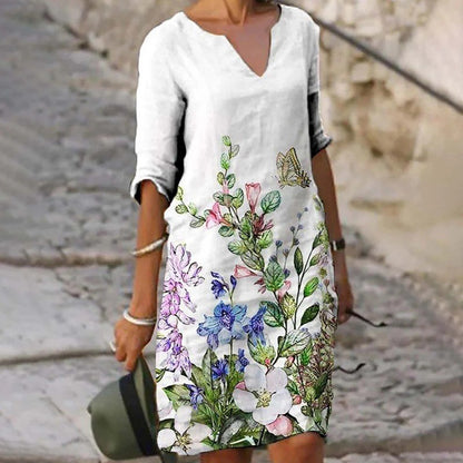 Flower Leaves Printing Rendering V-neck Dress