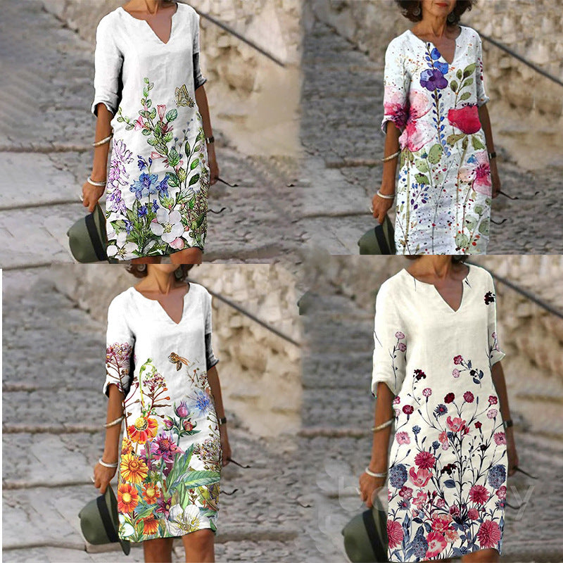 Flower Leaves Printing Rendering V-neck Dress