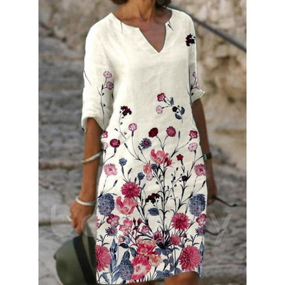 Flower Leaves Printing Rendering V-neck Dress