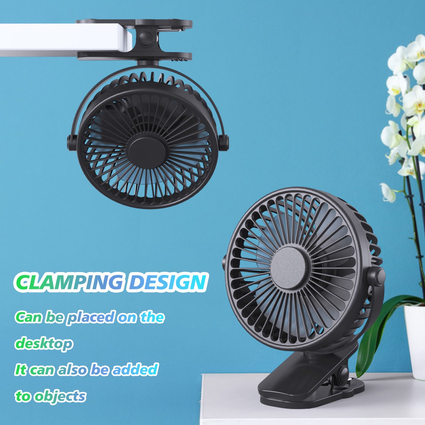 Portable Clip on Fan Battery Operated | Small Powerful USB Desk Fan | 3 Speed Quiet Rechargeable Mini Table Fan