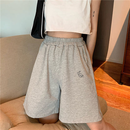 Versatile Ins Embroidered Shorts Women's Summer Korean Large Size Loose Slim Sports Casual Capris Wide Leg Pants