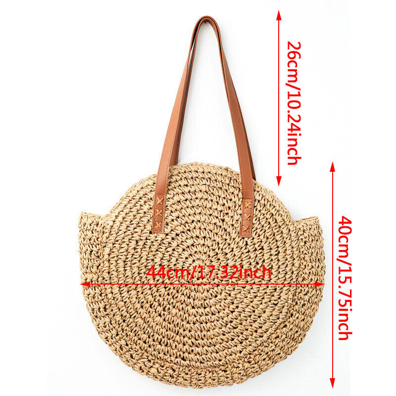 Women Boho Woven Handbag Summer Beach Tote Straw Bag Round Rattan Shoulder