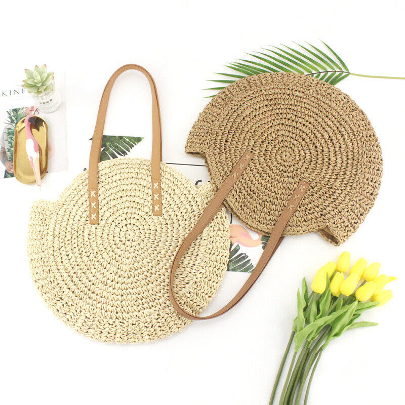 Women Boho Woven Handbag Summer Beach Tote Straw Bag Round Rattan Shoulder