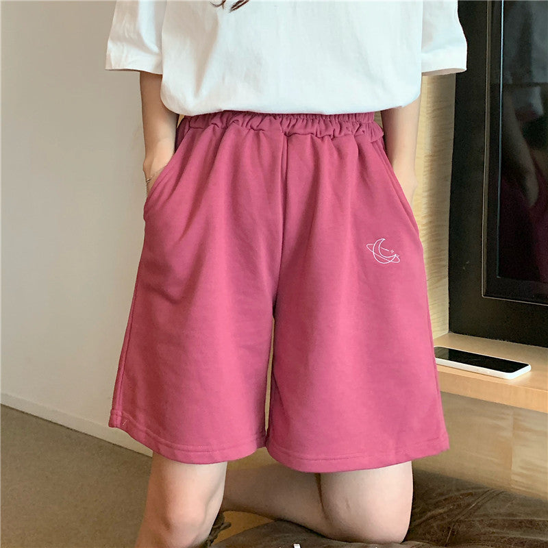 Versatile Ins Embroidered Shorts Women's Summer Korean Large Size Loose Slim Sports Casual Capris Wide Leg Pants