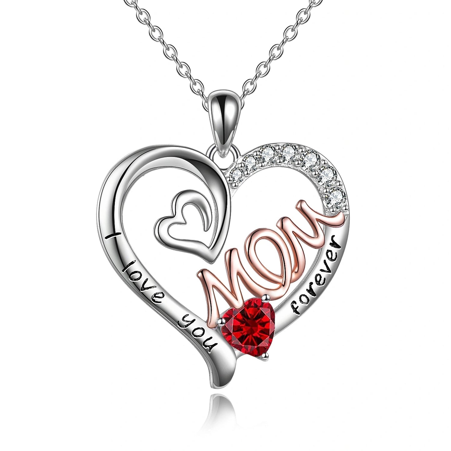 Mom Necklace S925 Sterling Silver Heart CZ Pink Stone Love Mum Pendant Birthstone Jewelry for Women Mother Gifts