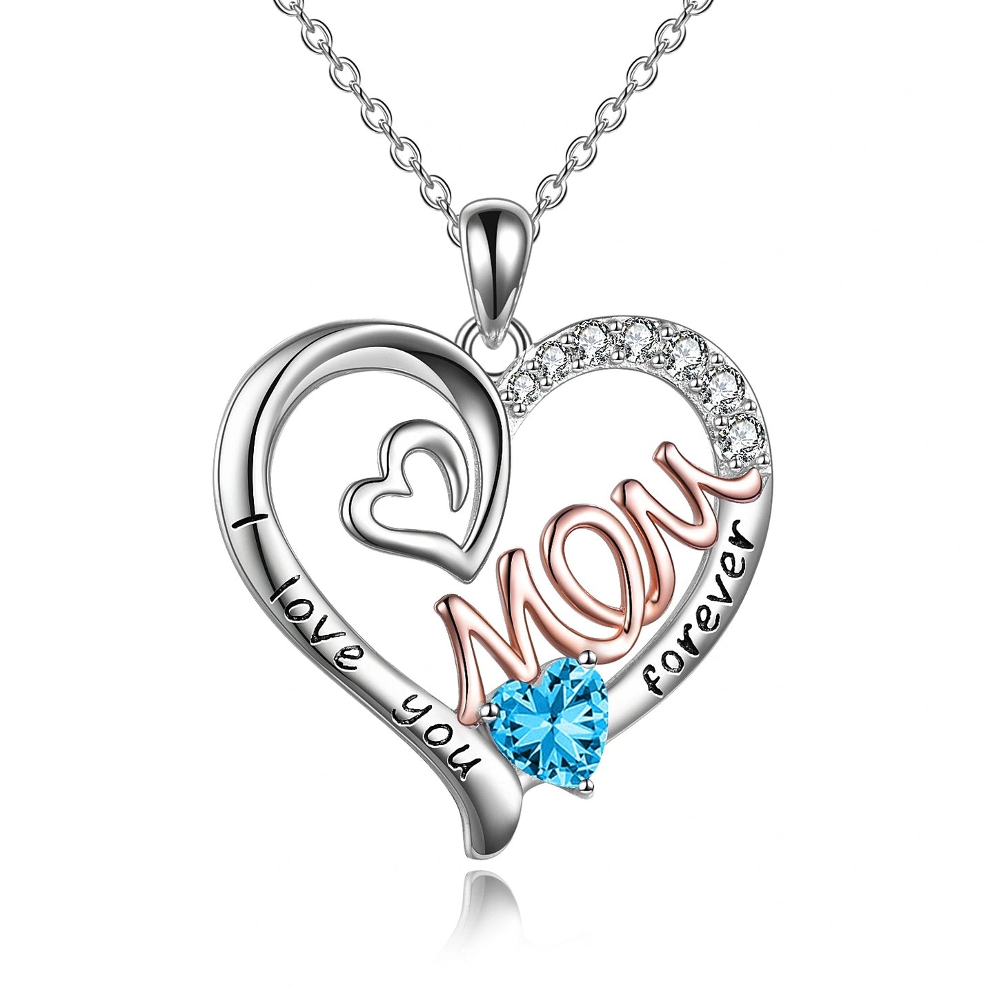 Mom Necklace S925 Sterling Silver Heart CZ Pink Stone Love Mum Pendant Birthstone Jewelry for Women Mother Gifts