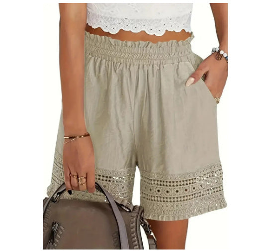 Ladies Casual Loose Solid Color Patchwork Elastic Waist Shorts