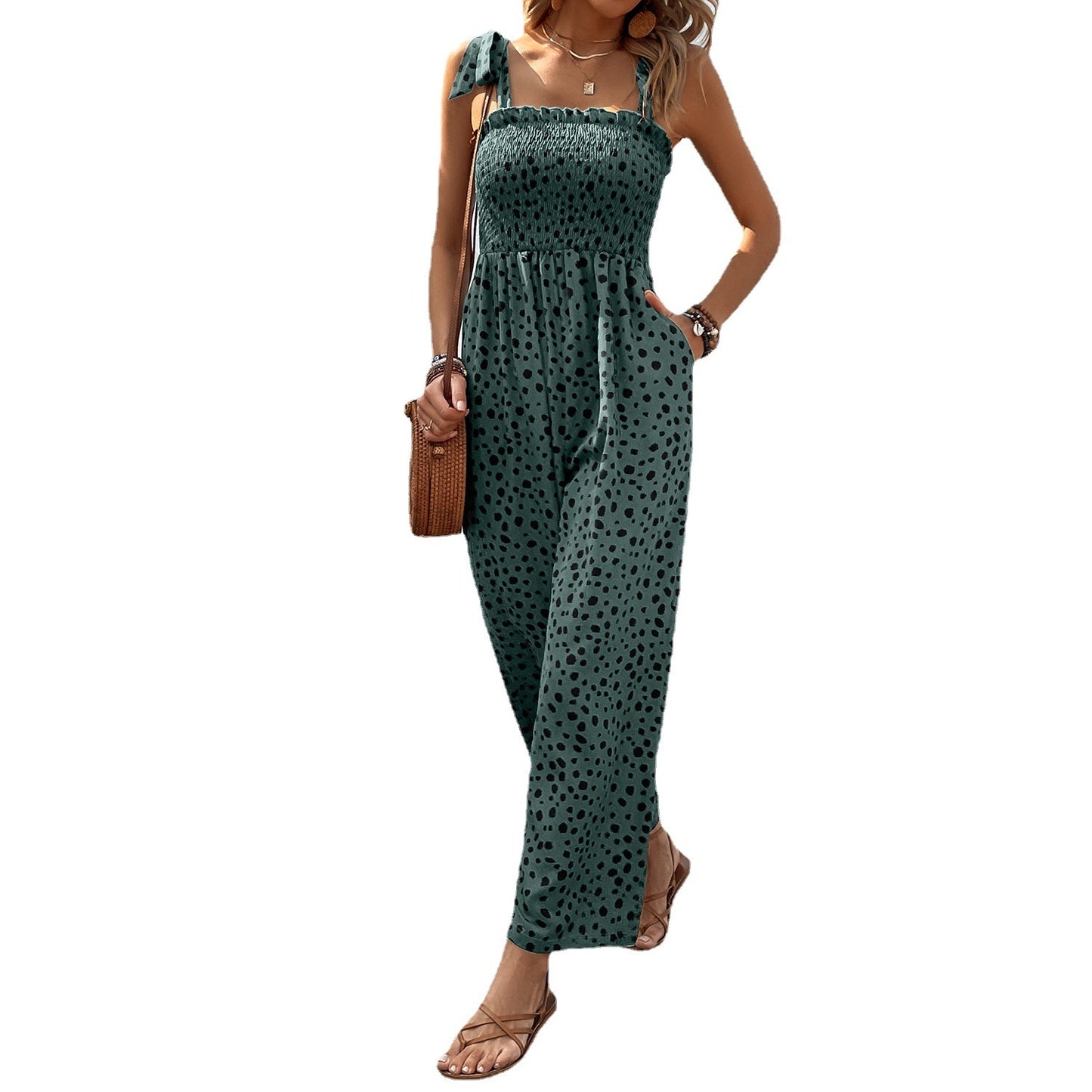 European And American Pocket Waist Slimming Polka Dot Brace Jumpsuit Printing