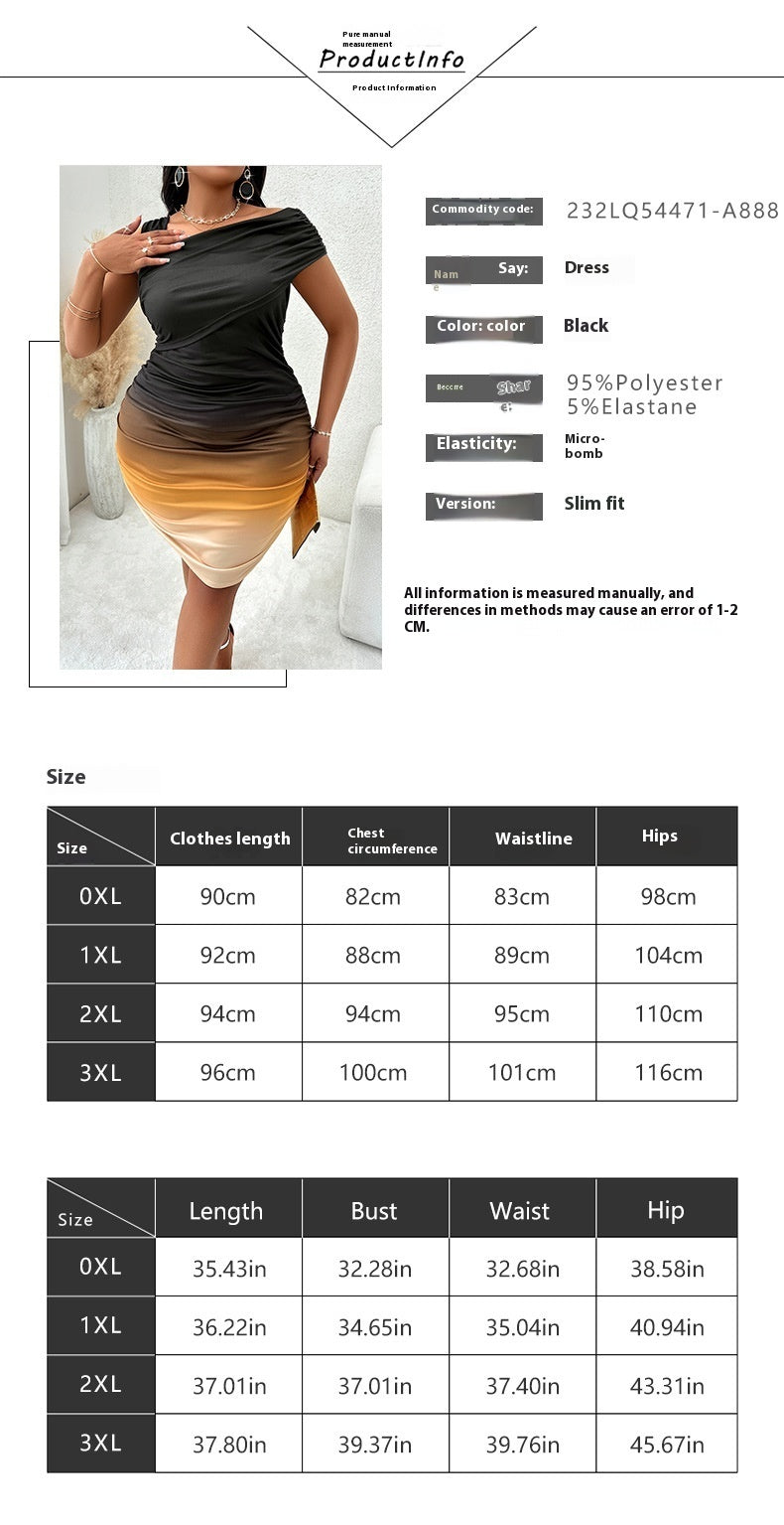 Fashion Female Plus Size Gradient Color Diagonal Collar Dress