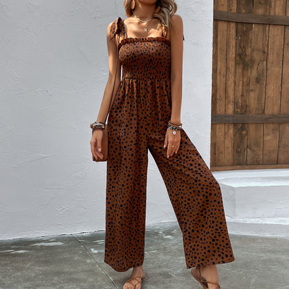 European And American Pocket Waist Slimming Polka Dot Brace Jumpsuit Printing